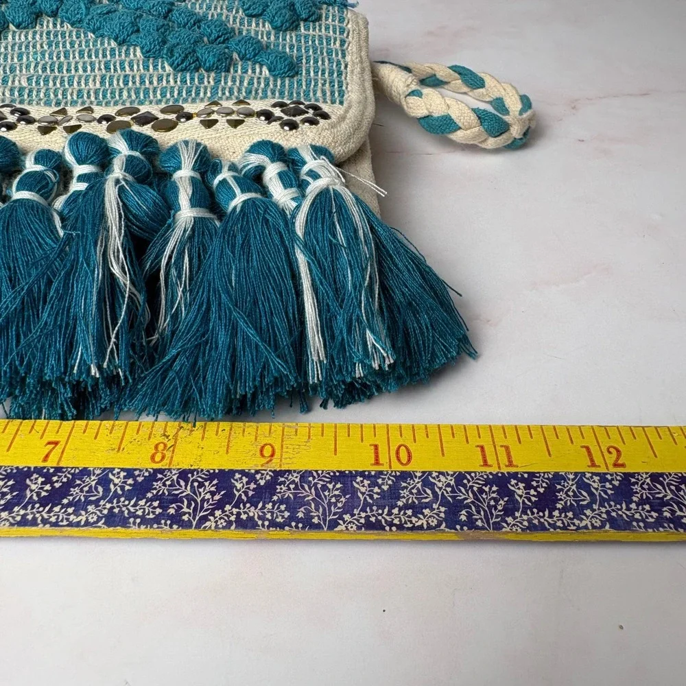 America & Beyond Teal Woven Tassel Crossbody Bag‎ Studded Pom Pom Handcrafted